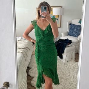 Green with red flowers faux wrap dress